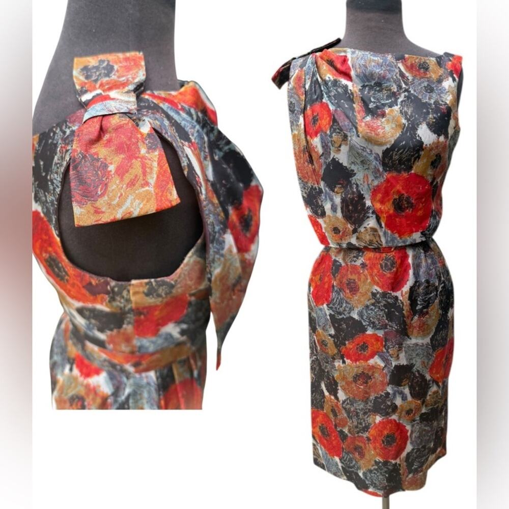 Vtg 50s Floral Wiggle Dress Sz XS/S Matching Belt Bow Shoulder Cocktail Mad Men